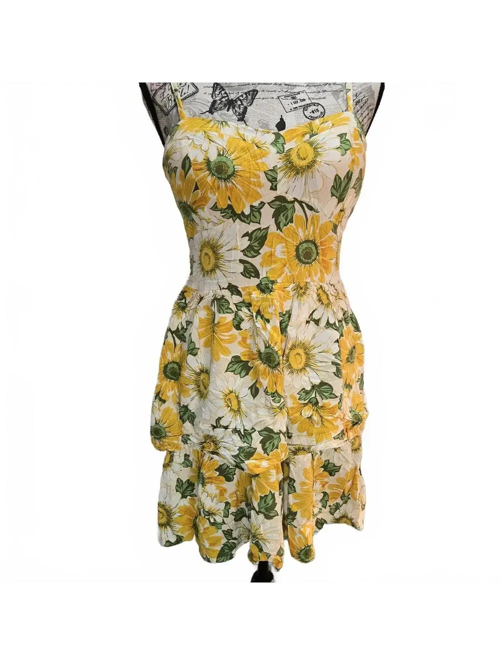 A.U.W. Sunflower Tiered Mini Dress Large Yellow Boho Cottagecore Sun Dress L - Picture 1 of 8